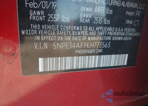 2019 Hyundai Sonata Sport из США, поврежденный, VIN 5NPE34AF9KH773563